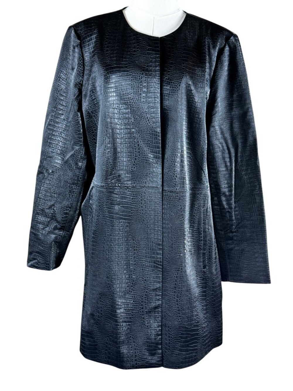 Chico’s Black Faux Leather Croc Embossed Long Jacket Coat Size 3 XL